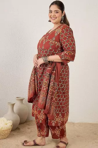 Plus Size Maroon Printed A-Line Kurta Trousers With Dupatta Set