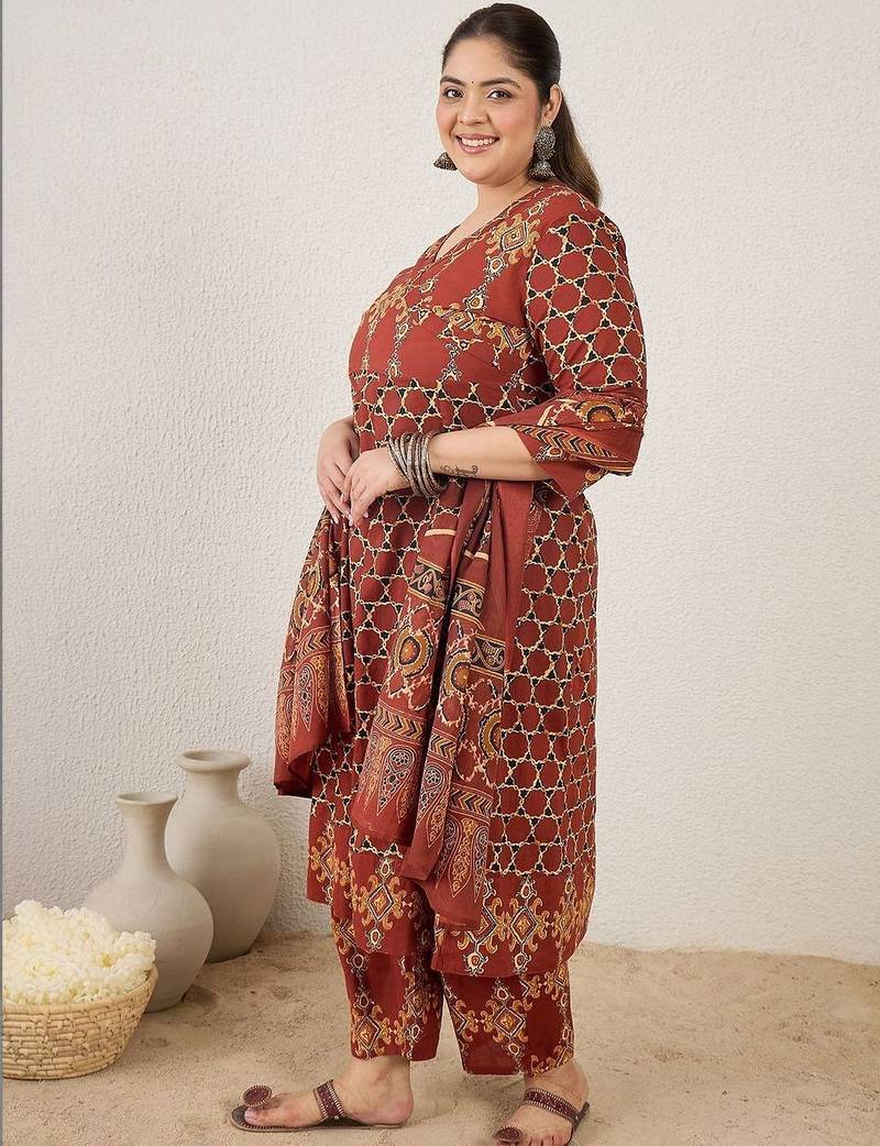 Plus Size Maroon Printed A-Line Kurta Trousers With Dupatta Set