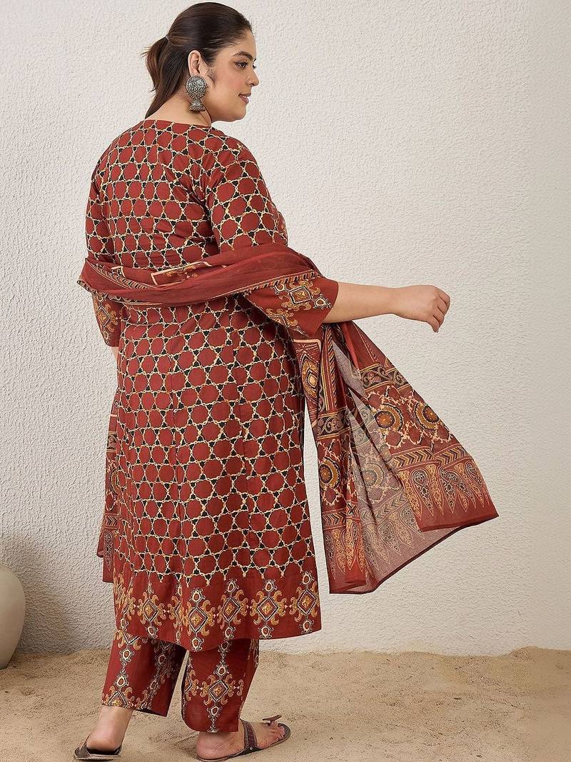Plus Size Maroon Printed A-Line Kurta Trousers With Dupatta Set