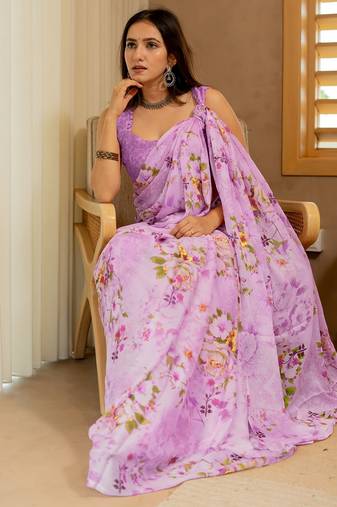 magenta floral printed chiffon saree with unstitched blouse piece