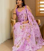 magenta floral printed chiffon saree with unstitched blouse piece