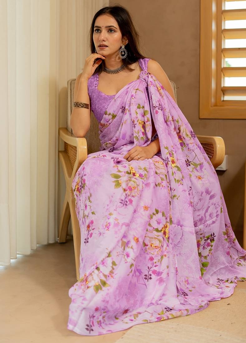 magenta floral printed chiffon saree with unstitched blouse piece