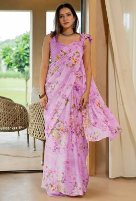 magenta floral printed chiffon saree with unstitched blouse piece 2