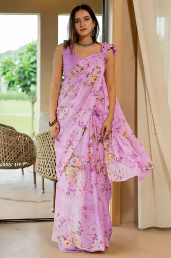magenta floral printed chiffon saree with unstitched blouse piece