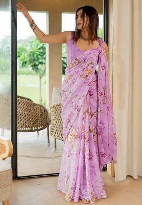magenta floral printed chiffon saree with unstitched blouse piece 3