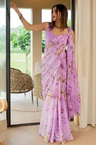 magenta floral printed chiffon saree with unstitched blouse piece