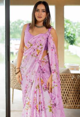 magenta floral printed chiffon saree with unstitched blouse piece 4