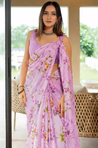 magenta floral printed chiffon saree with unstitched blouse piece
