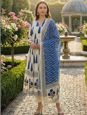Women Ethnic Motifs Printed Angrakha Sequinned Cotton Kurta with Trousers & With Dupatta 1