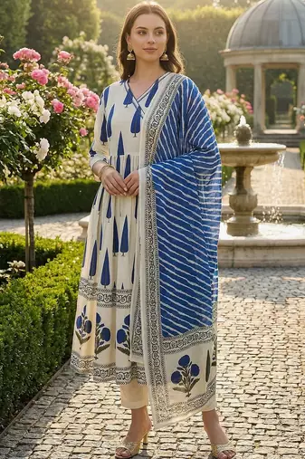 Women Ethnic Motifs Printed Angrakha Sequinned Cotton Kurta with Trousers & With Dupatta