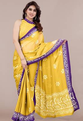 yellow batik printed chiffon saree with unstitched blouse piece 1