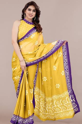 yellow batik printed chiffon saree with unstitched blouse piece