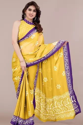 yellow batik printed chiffon saree with unstitched blouse piece