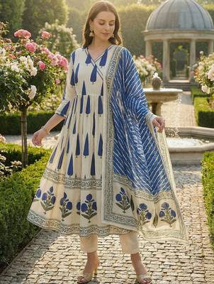 Women Ethnic Motifs Printed Angrakha Sequinned Cotton Kurta with Trousers & With Dupatta 2