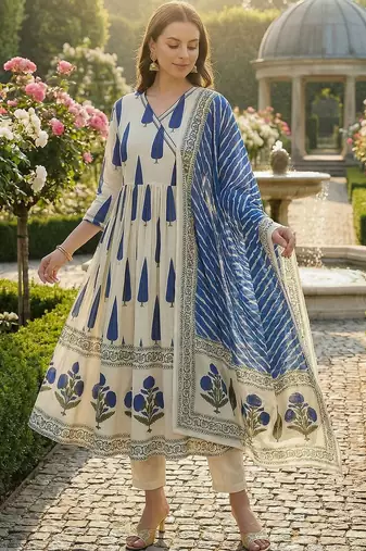 Women Ethnic Motifs Printed Angrakha Sequinned Cotton Kurta with Trousers & With Dupatta