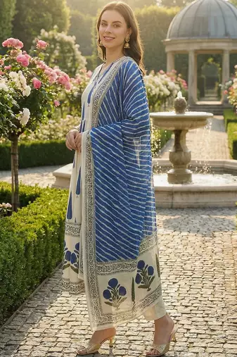 Women Ethnic Motifs Printed Angrakha Sequinned Cotton Kurta with Trousers & With Dupatta