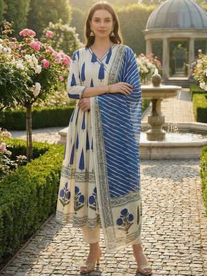 Women Ethnic Motifs Printed Angrakha Sequinned Cotton Kurta with Trousers & With Dupatta 4