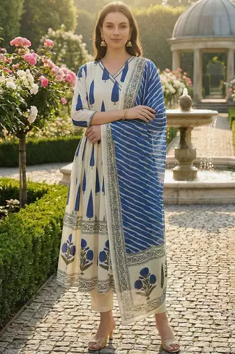 Women Ethnic Motifs Printed Angrakha Sequinned Cotton Kurta with Trousers & With Dupatta