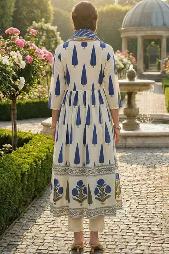 Women Ethnic Motifs Printed Angrakha Sequinned Cotton Kurta with Trousers & With Dupatta