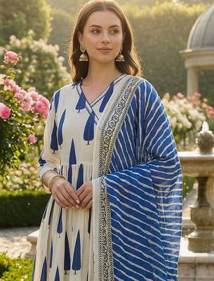 Women Ethnic Motifs Printed Angrakha Sequinned Cotton Kurta with Trousers & With Dupatta 6