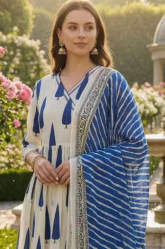 Women Ethnic Motifs Printed Angrakha Sequinned Cotton Kurta with Trousers & With Dupatta