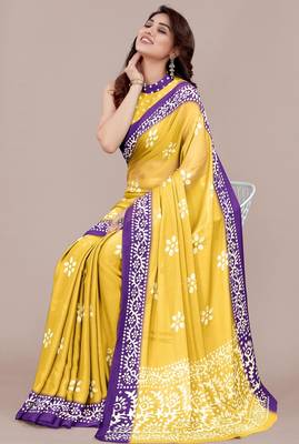 yellow batik printed chiffon saree with unstitched blouse piece 2