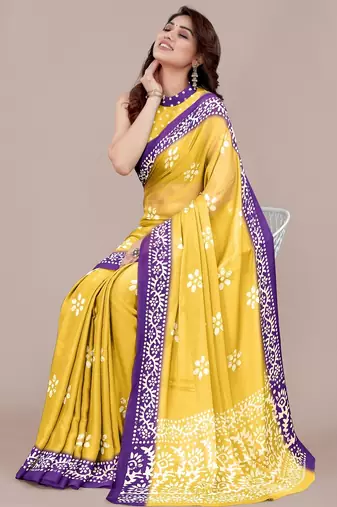 yellow batik printed chiffon saree with unstitched blouse piece
