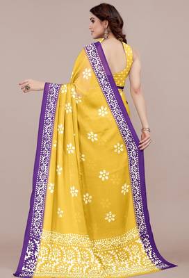 yellow batik printed chiffon saree with unstitched blouse piece 3