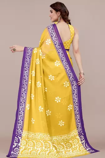 yellow batik printed chiffon saree with unstitched blouse piece