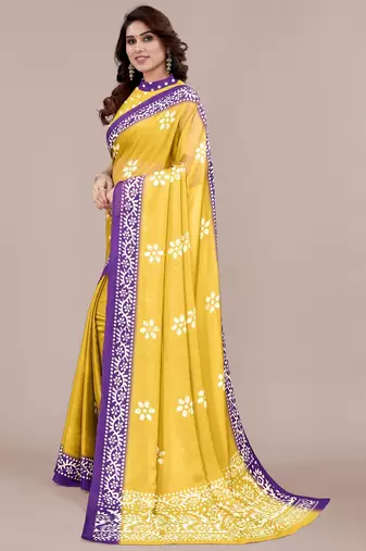 yellow batik printed chiffon saree with unstitched blouse piece