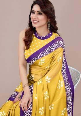 yellow batik printed chiffon saree with unstitched blouse piece 5