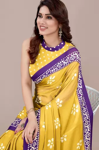 yellow batik printed chiffon saree with unstitched blouse piece