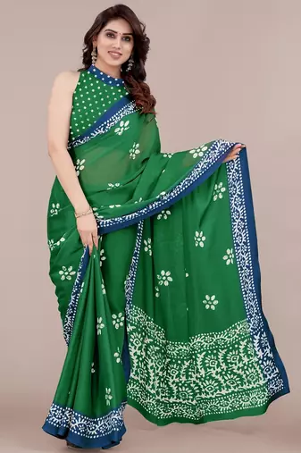 green batik printed chiffon saree with unstitched blouse piece