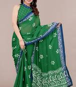 green batik printed chiffon saree with unstitched blouse piece