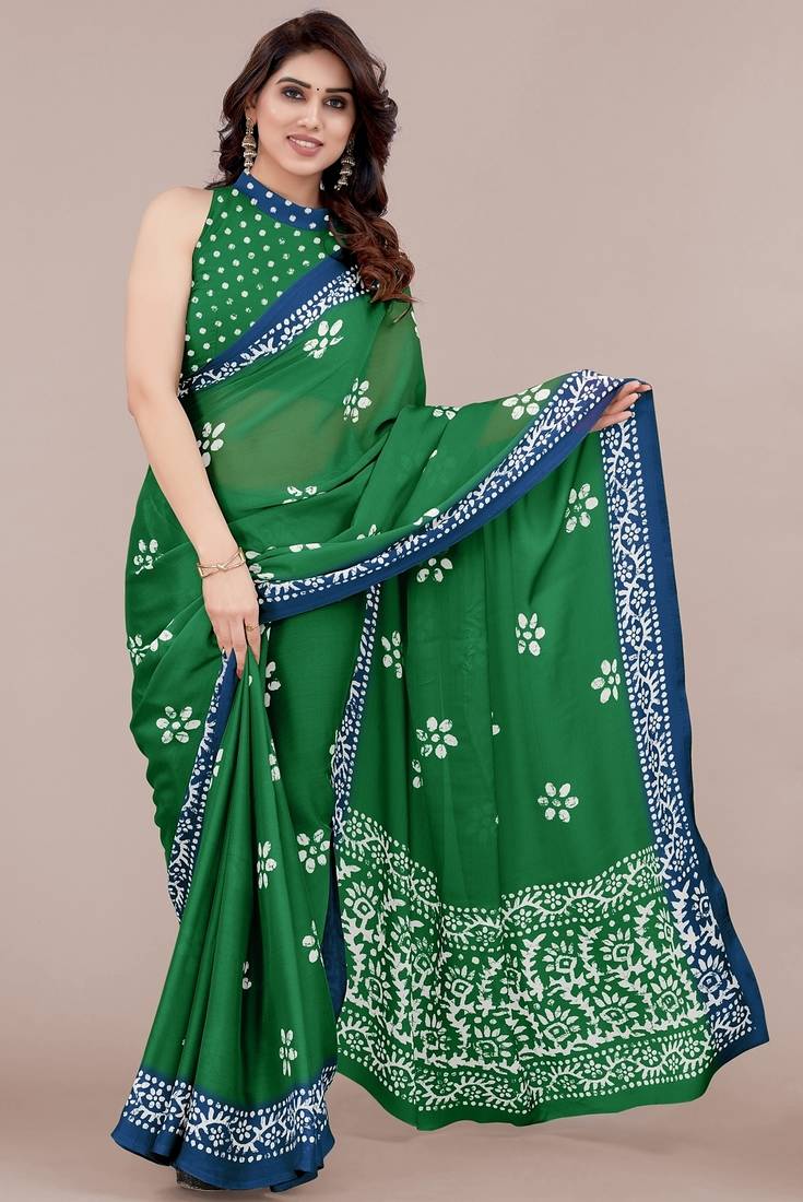 green batik printed chiffon saree with unstitched blouse piece