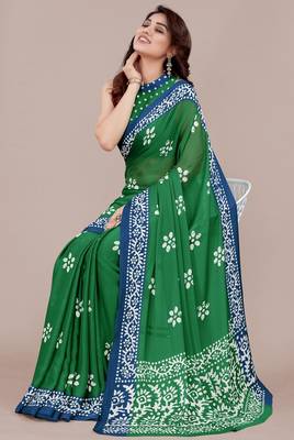 green batik printed chiffon saree with unstitched blouse piece 2