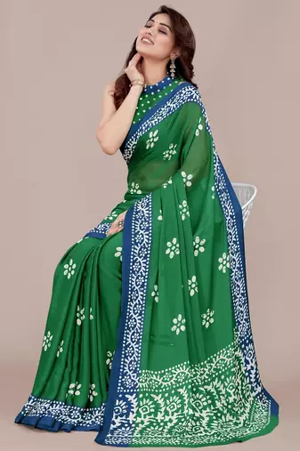 green batik printed chiffon saree with unstitched blouse piece