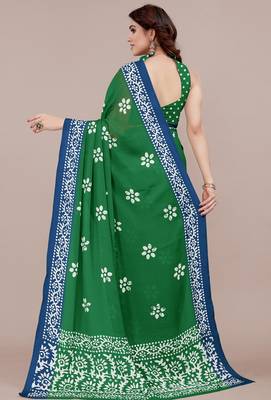 green batik printed chiffon saree with unstitched blouse piece 3