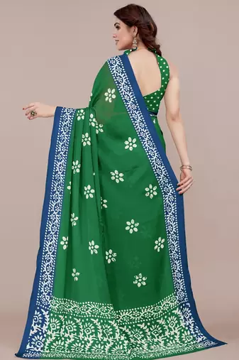 green batik printed chiffon saree with unstitched blouse piece