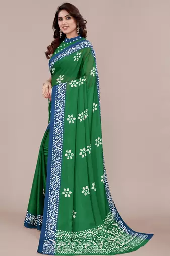 green batik printed chiffon saree with unstitched blouse piece