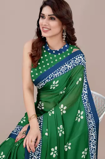 green batik printed chiffon saree with unstitched blouse piece