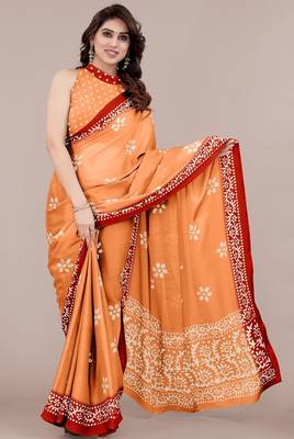 orange batik printed chiffon saree with unstitched blouse piece 1