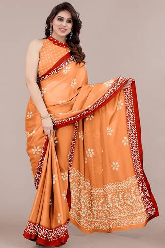 orange batik printed chiffon saree with unstitched blouse piece