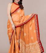 orange batik printed chiffon saree with unstitched blouse piece