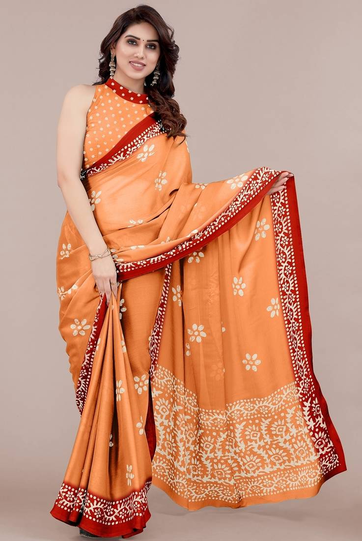 orange batik printed chiffon saree with unstitched blouse piece