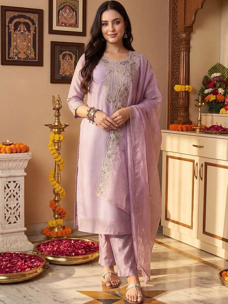 Women Ethnic Motifs Embroidered Thread Work Liva Kurta with Trousers & With Dupatta