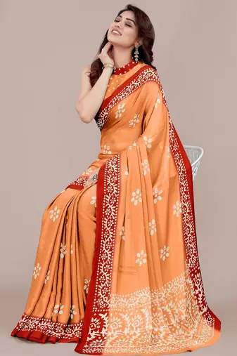 orange batik printed chiffon saree with unstitched blouse piece