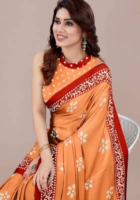 orange batik printed chiffon saree with unstitched blouse piece 3