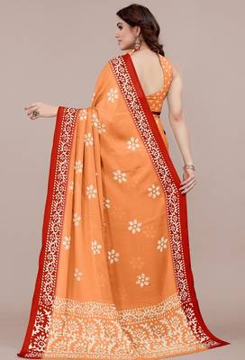 orange batik printed chiffon saree with unstitched blouse piece 4