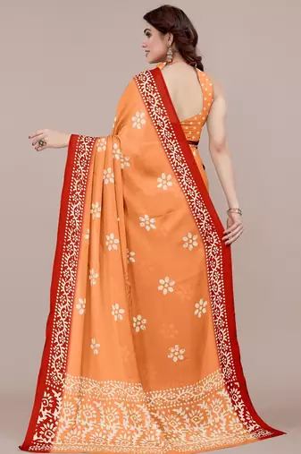 orange batik printed chiffon saree with unstitched blouse piece